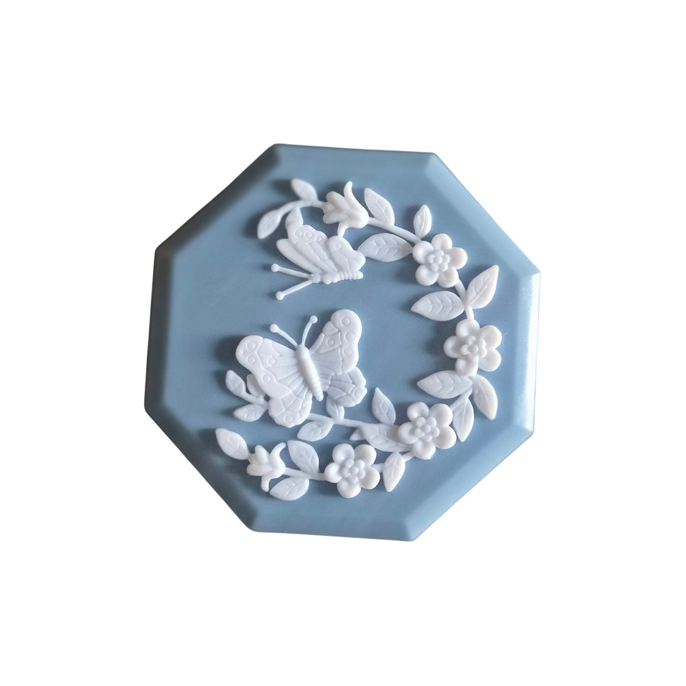 Blue Octagon Butterfly Floral Trinket Box Faux Jasperware Plastic Jewelry Case